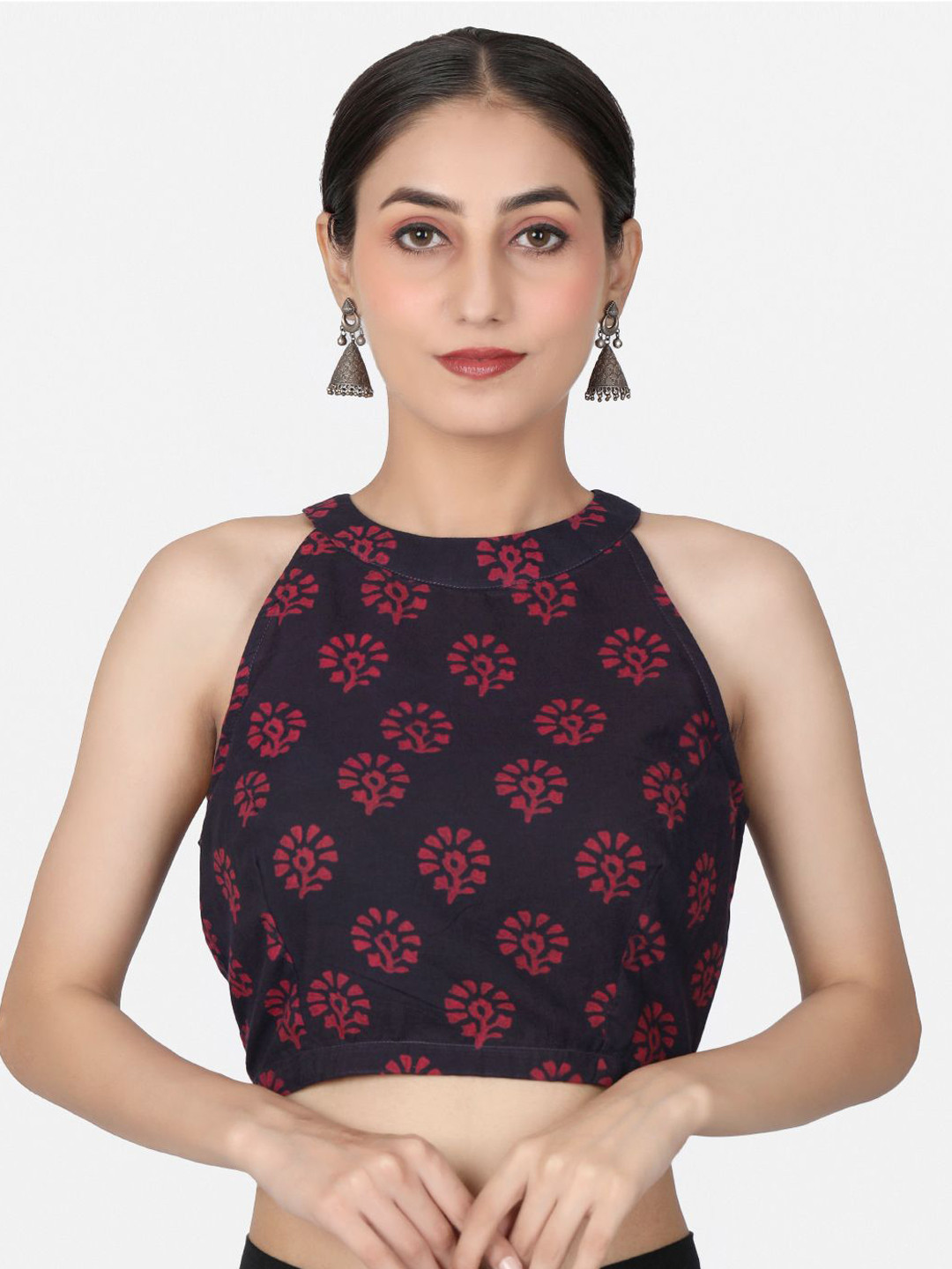 Llajja Floral Block Printed Halter-Neck Pure Cotton Saree Blouse