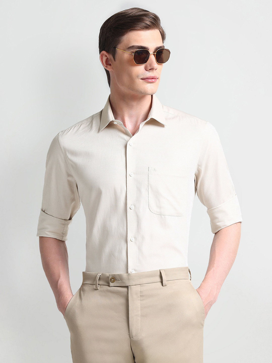 Arrow Manhattan Slim Fit Self Design Spread Collar Twill Weave Formal Shirt