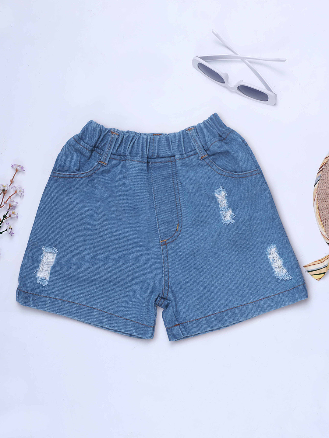 HERE&NOW Girls Mid Rise Cotton Denim Shorts