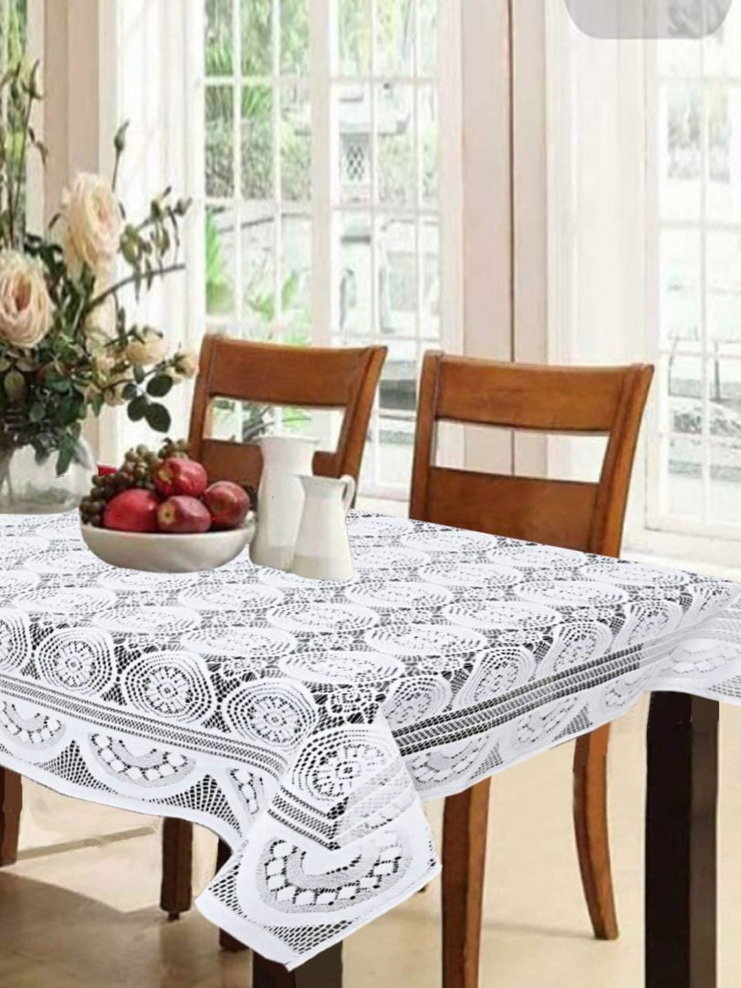 TANLOOMS White Floral Embroidered Net Cotton Rectangle Table Cover