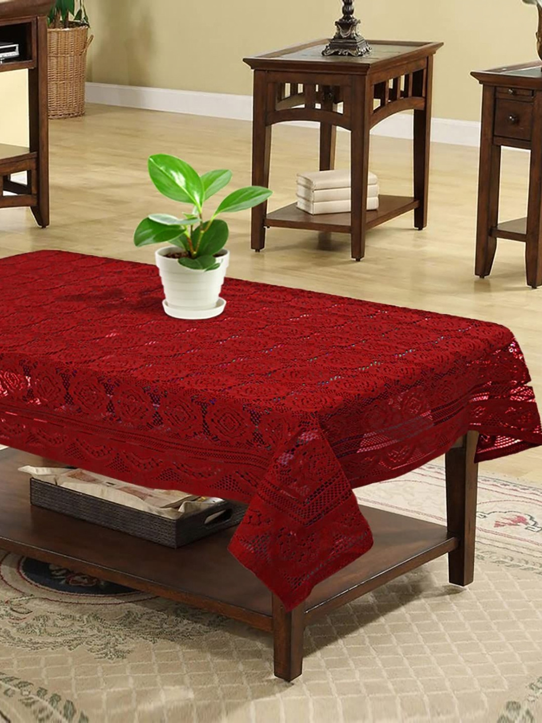 TANLOOMS Maroon Floral Cotton 2-Seater Table Cover with Embroidered details
