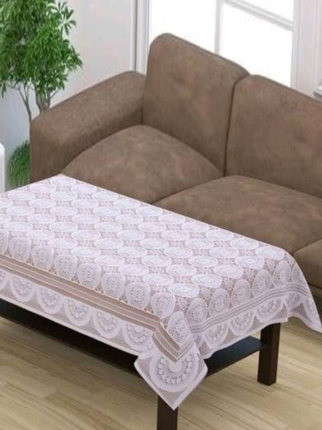 TANLOOMS Cream-Coloured Floral Embroidered Net Cotton Rectangle Table Cover