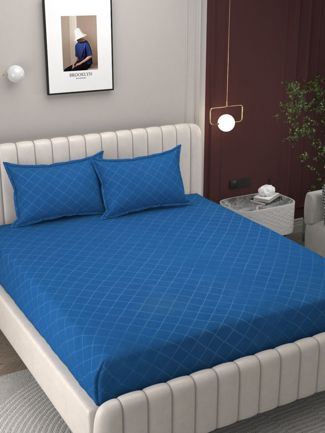 Bromwick Blue Checked Cotton 250 TC King Superfine Bedsheet with 2 Pillow Covers-90 x 100 inches