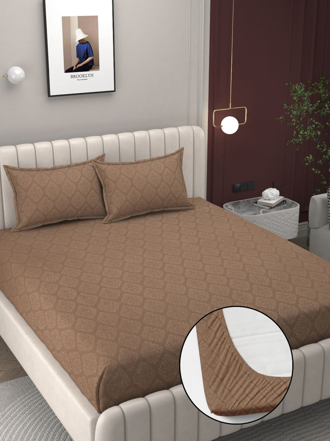 Bromwick Beige Self Design Cotton 250 TC Fitted Double Superfine Bedsheet with 2 Pillow Covers-90 x 84 inches