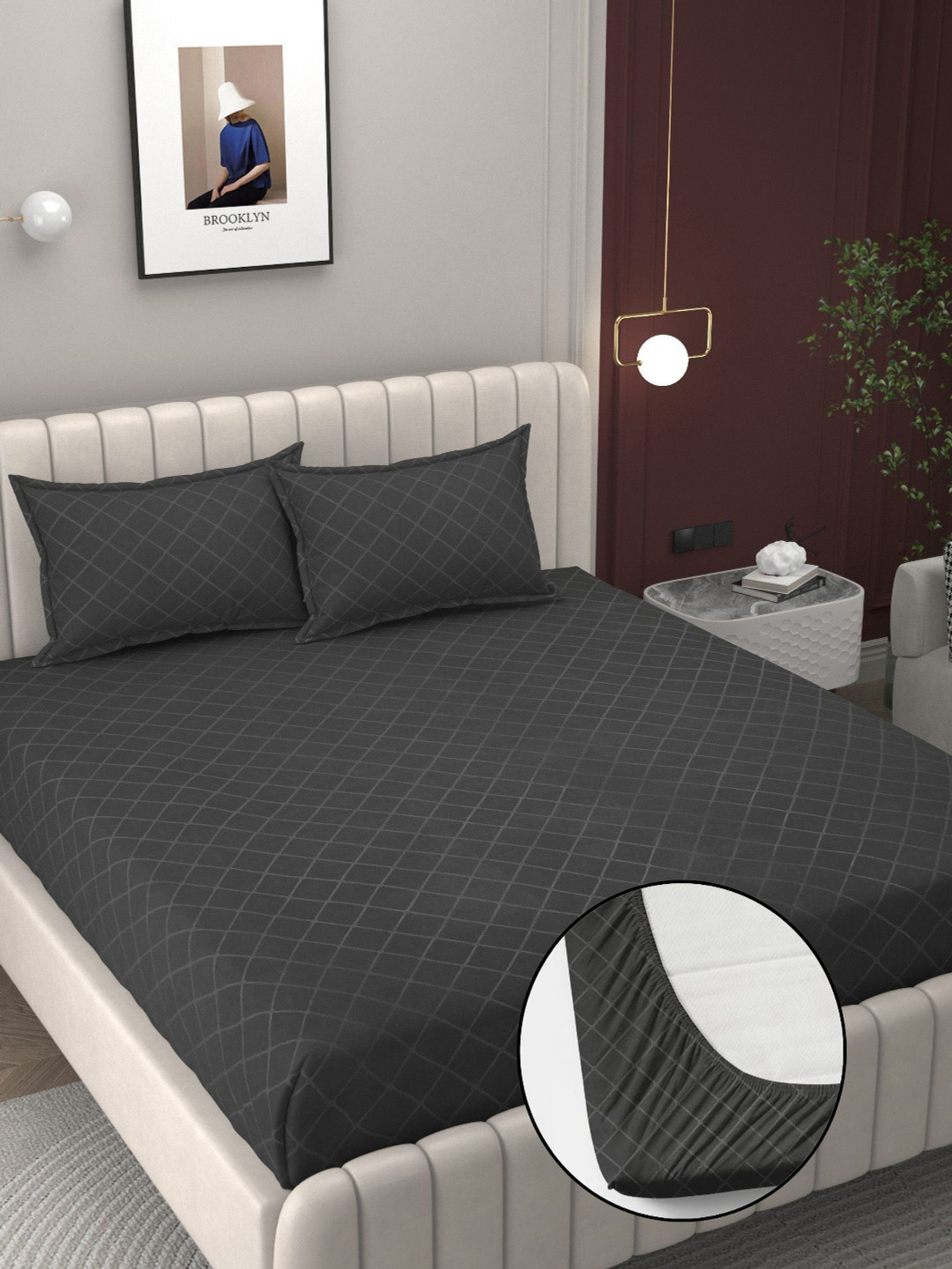 Bromwick Grey Geometric Cotton 250 TC Fitted Double Superfine Bedsheet with 2 Pillow Covers-90 x 84 inches