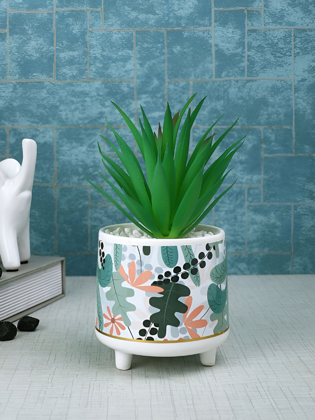 TAYHAA Green & White Aloe Vera Artificial Plant With Ceramic Pot