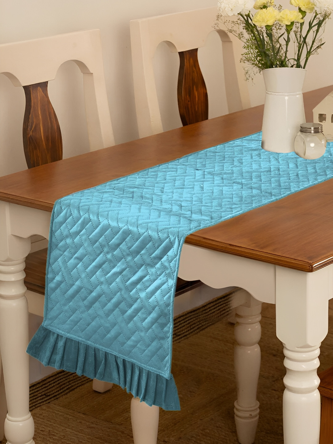 RRC Turquoise Blue Quilted Velvet Table Runner