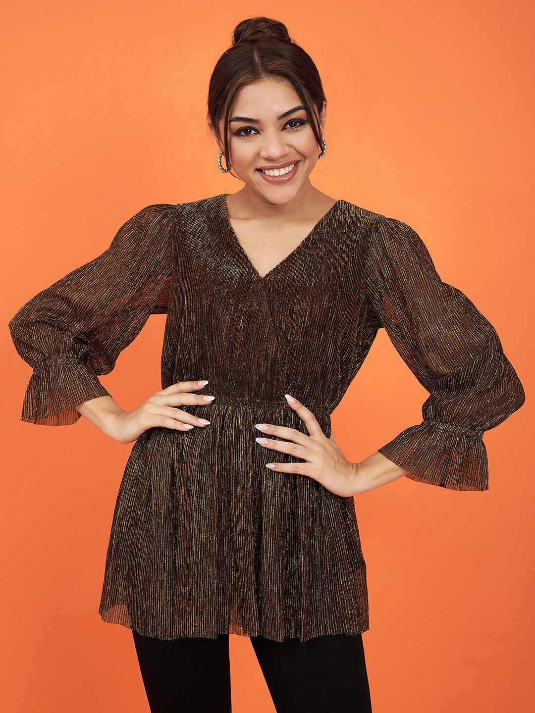 Justin Whyte Textured V-Neck Long Bell Sleeve Fit & Flare Top