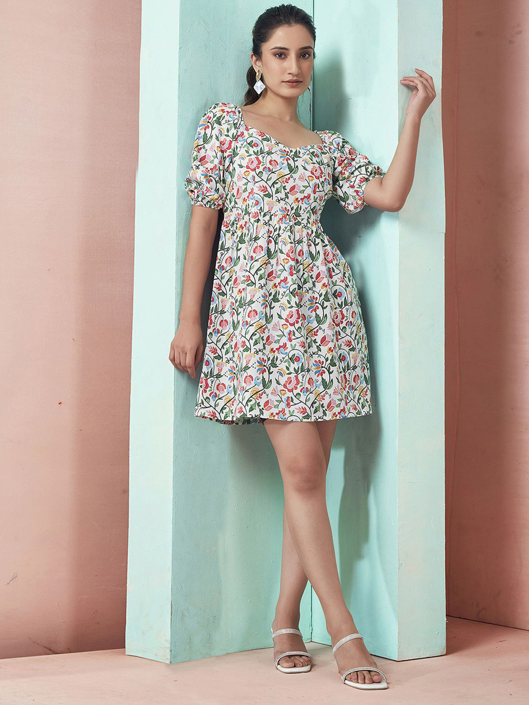 Selvia Floral Printed Square Neck Puff Sleeves Fit & Flare Dress