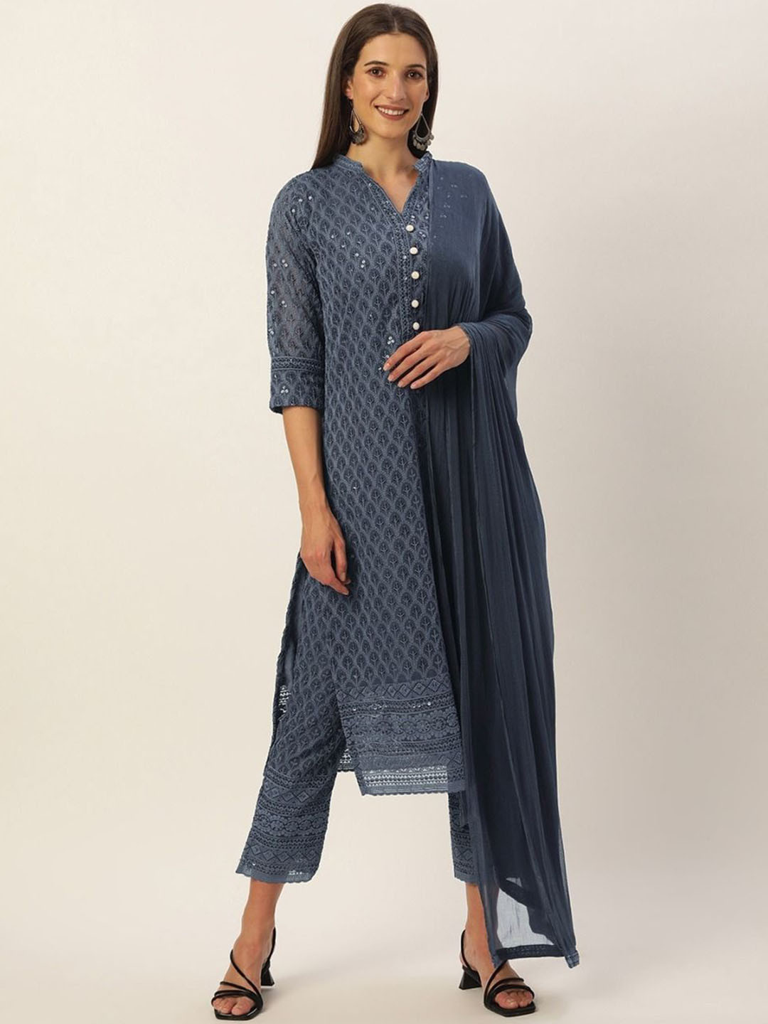 all about you Grey Floral Embroidered Sequinned Chikankari Kurta with Trousers & Dupatta