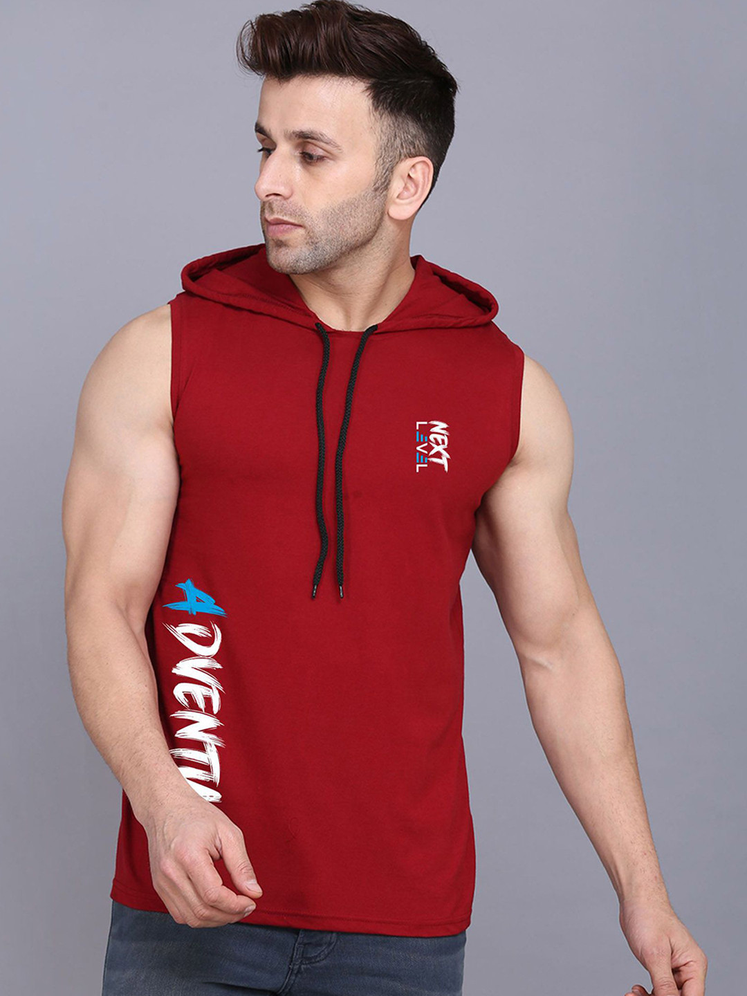 SLOWLORIS Typography Printed Hooded Combed Cotton Gym Vest SL28 ADV MAROON