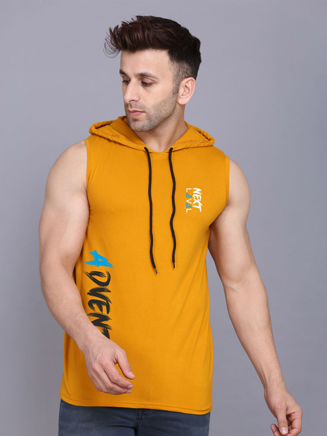 Mustard Hooded Sleeveless Typography Regular Fit T-shirt