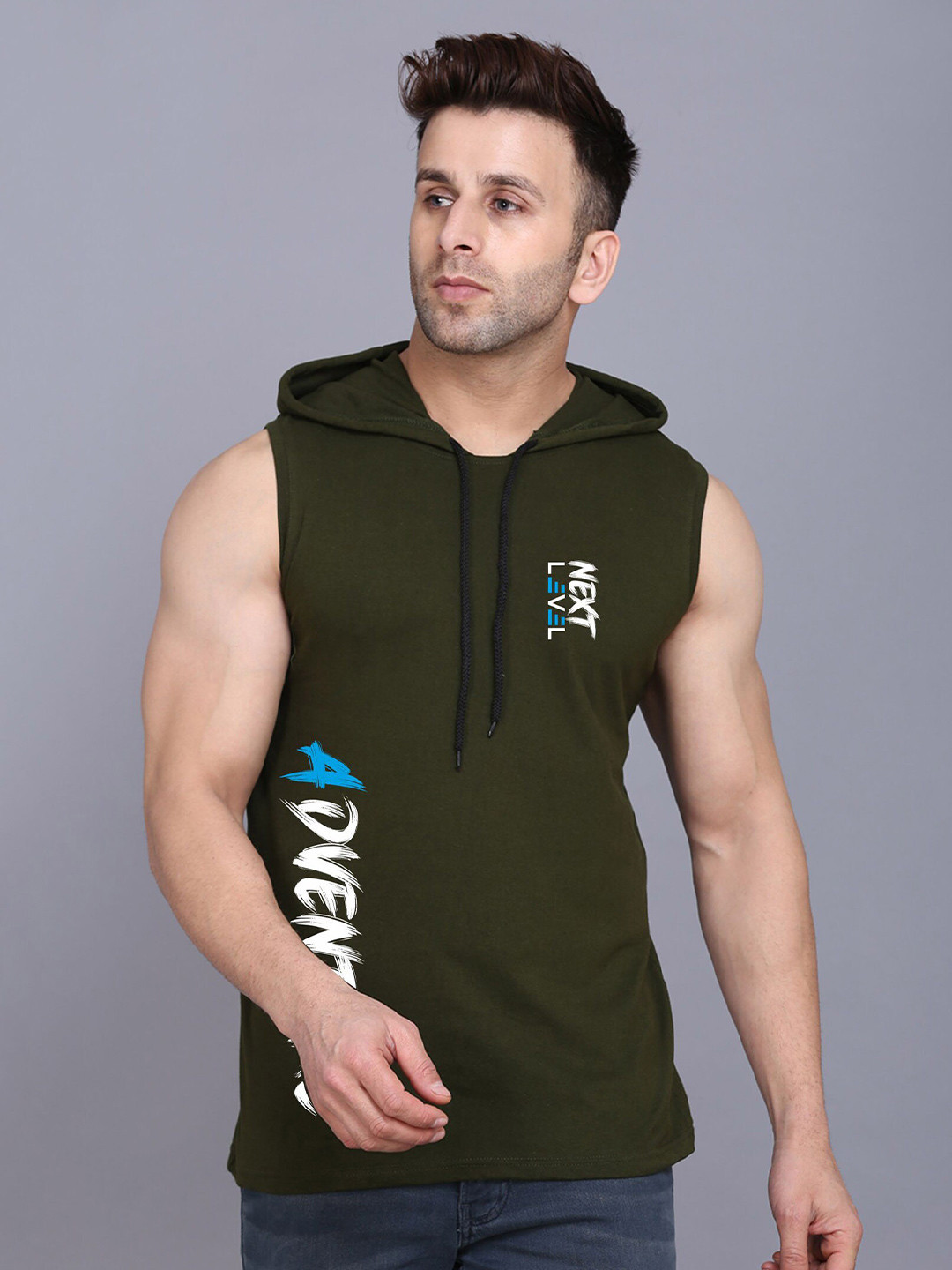 SLOWLORIS Summer Collection Men Typography Printed Hooded Sleeveless T-shirt