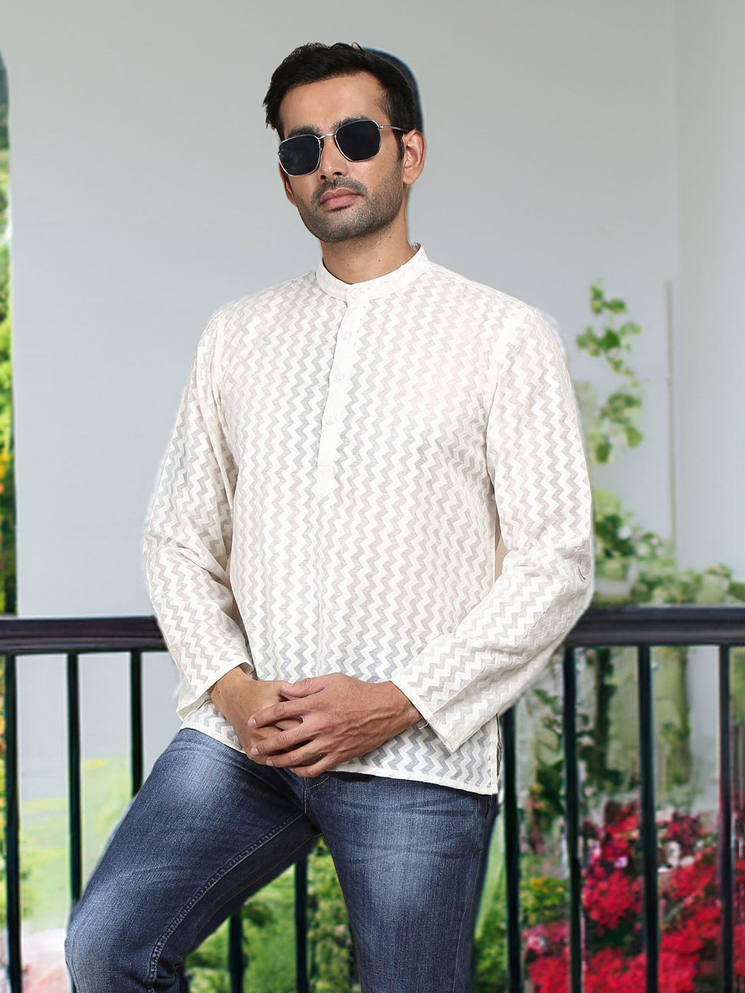 FILORI STUDIO Geometric Woven Design Mandarin Collar Chikankari Straight Short Kurta