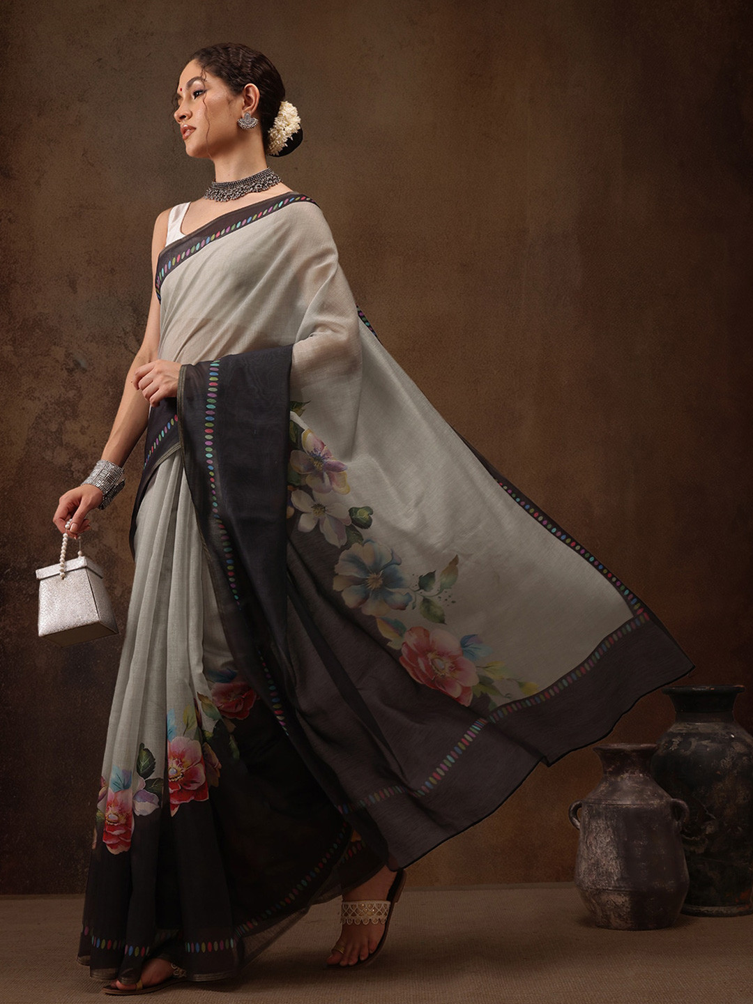 Silk Land Floral Chnaderi Cotton Digital Print Saree