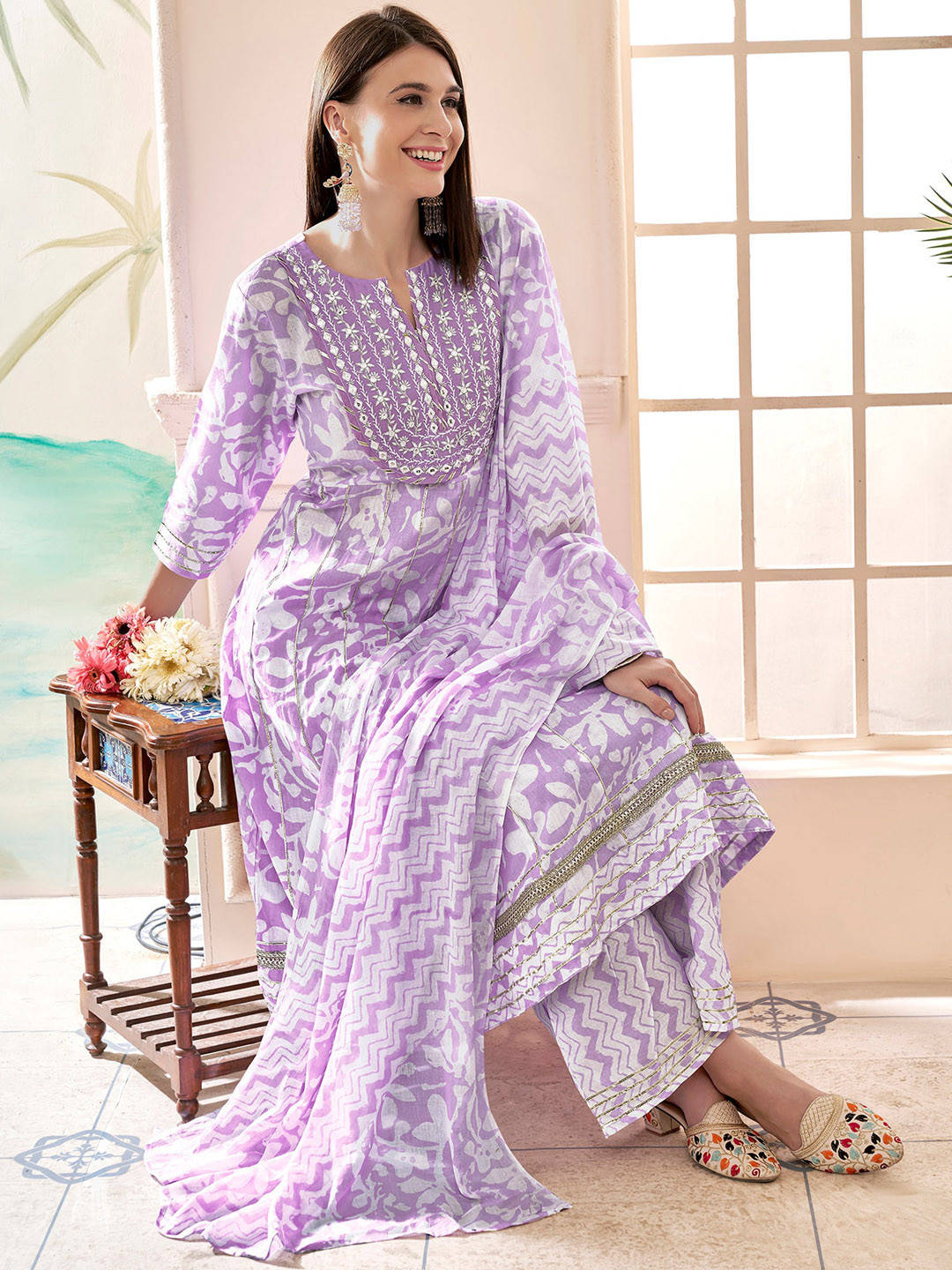 Anouk Lilac Floral Embroidered Gotta Patti Pure Cotton Kurta with Trousers & Dupatta