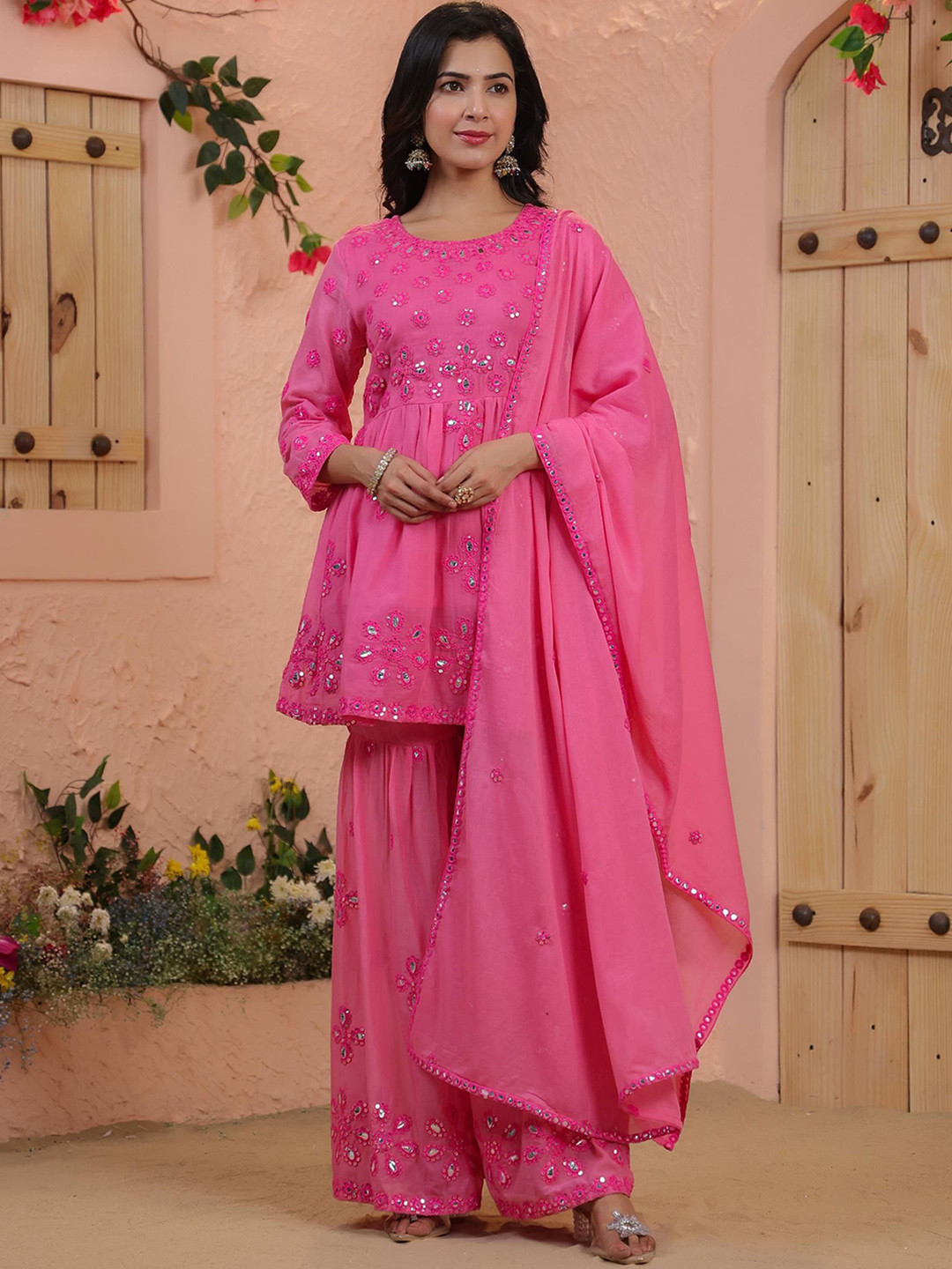 SCAKHI Embroidered Empire Mirror Work Pure Cotton Kurti with Sharara & With Dupatta