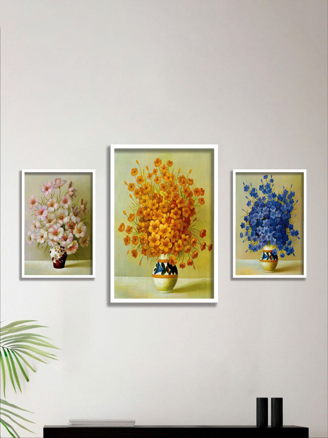 Aura Yellow & Blue 3 Piecea Floral and Botanical Wall Painting Art