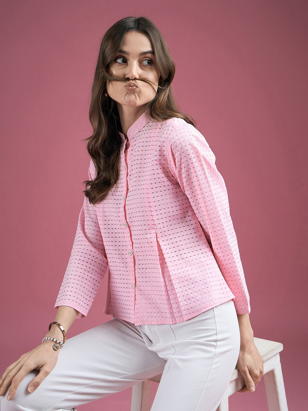 DressBerry Self Designed Mandarin Collar Shirt Style Top