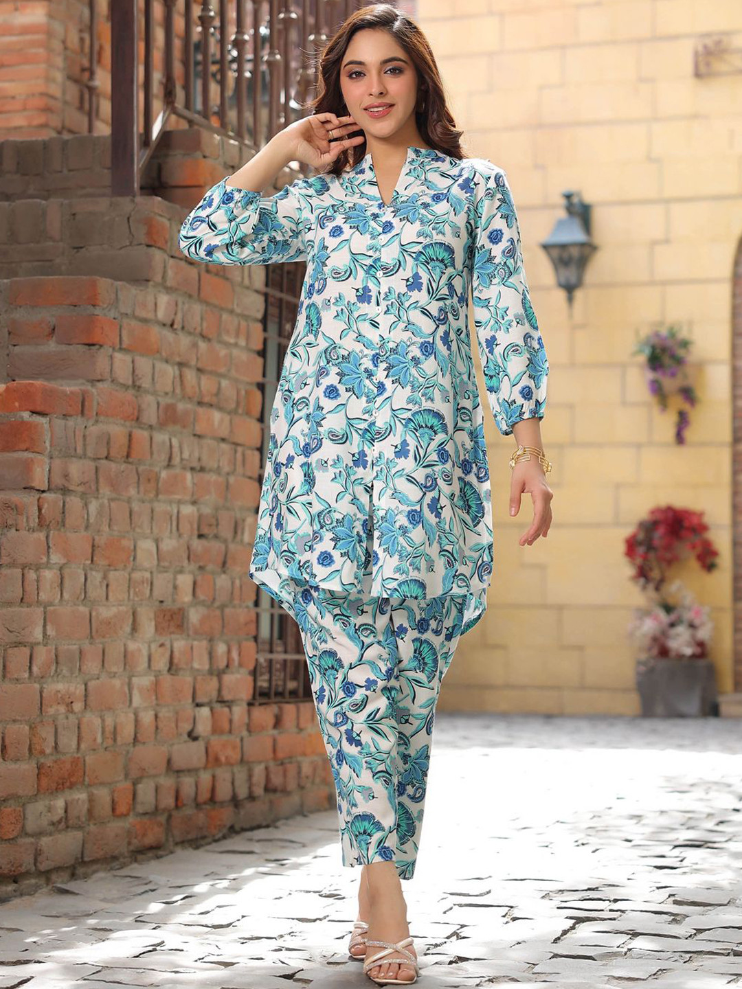 Rain & Rainbow Floral Printed Mandarin Collar Three Quarter Sleeve Tunic Top & Trouser