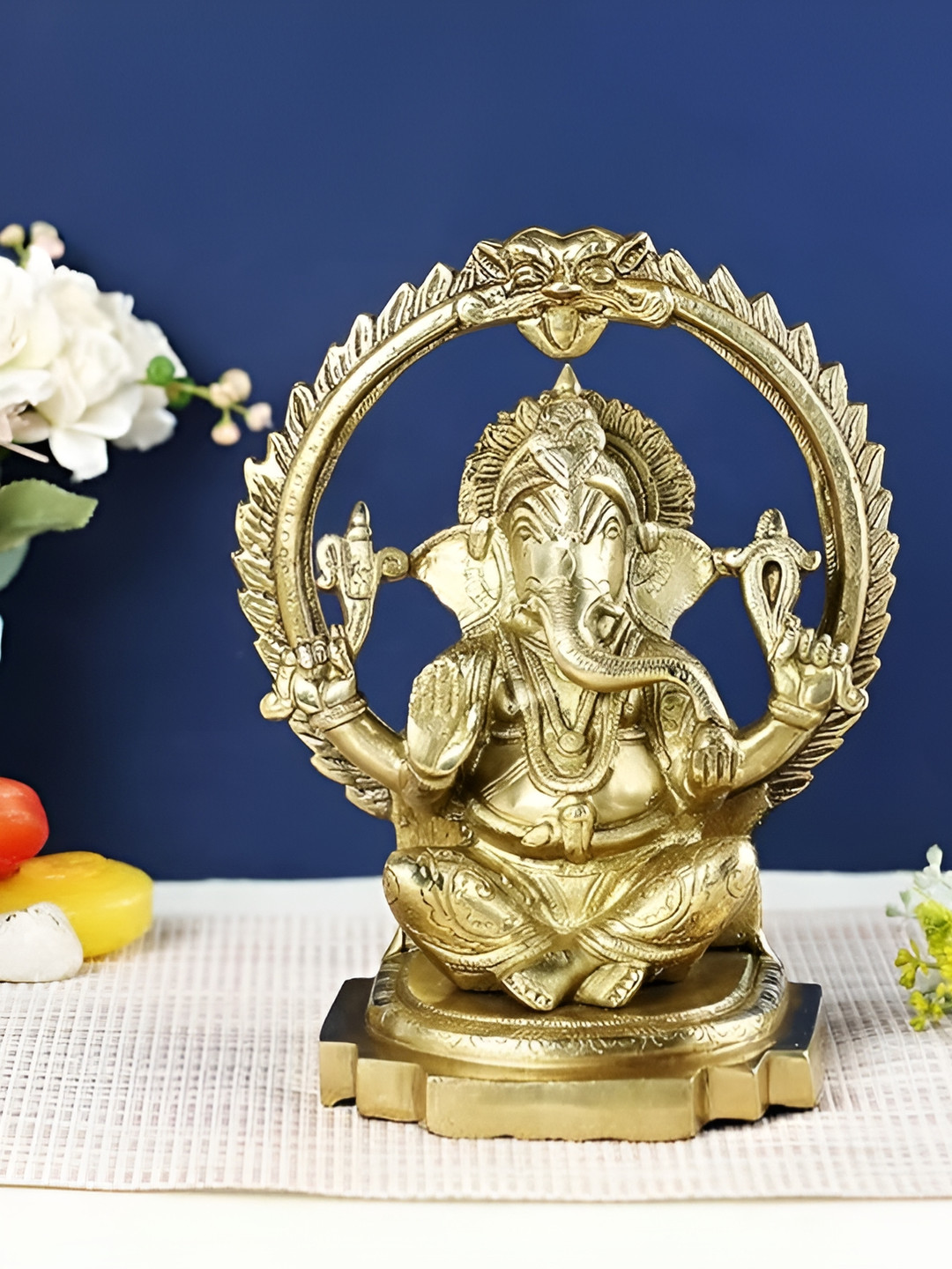 Aura Lord Ganesha Gold Brass Metallic Prayer Room Medium Showpiece - 8.1 Inches