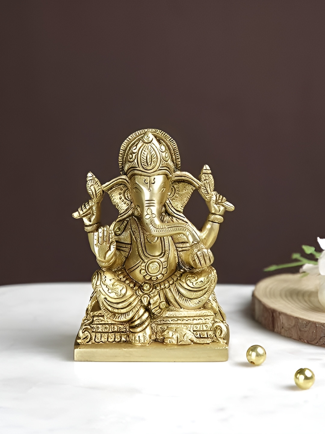 Aura Ganesha Gold Brass Metallic Prayer Room Small Showpiece - 3.6 Inches
