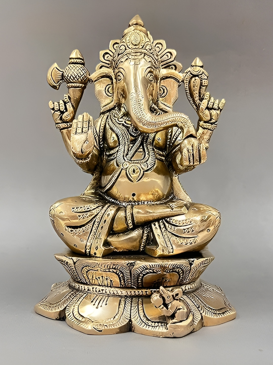Aura Ganesha Sitting On Lotus Gold Brass Metallic Prayer Room Medium Showpiece - 5.1 Inches