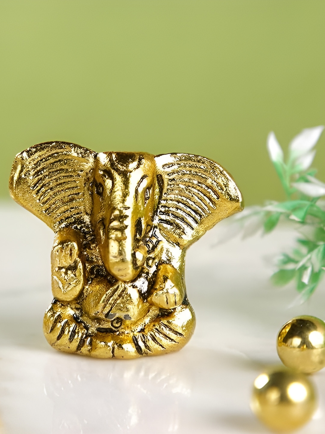 Aura Ganpati Gold Metal Metallic Prayer Room Hand Made Tiny Showpiece - 1.6 Inches