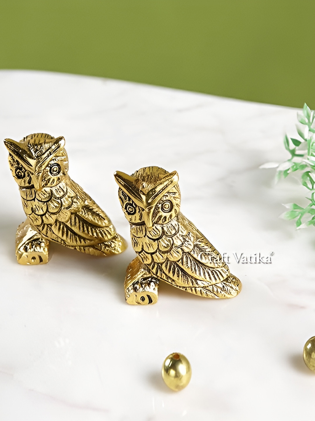 Aura Owl Gold Metal Metallic Living Room Hand Made Set of 2 Tiny Showpieces - 1.1 Inches