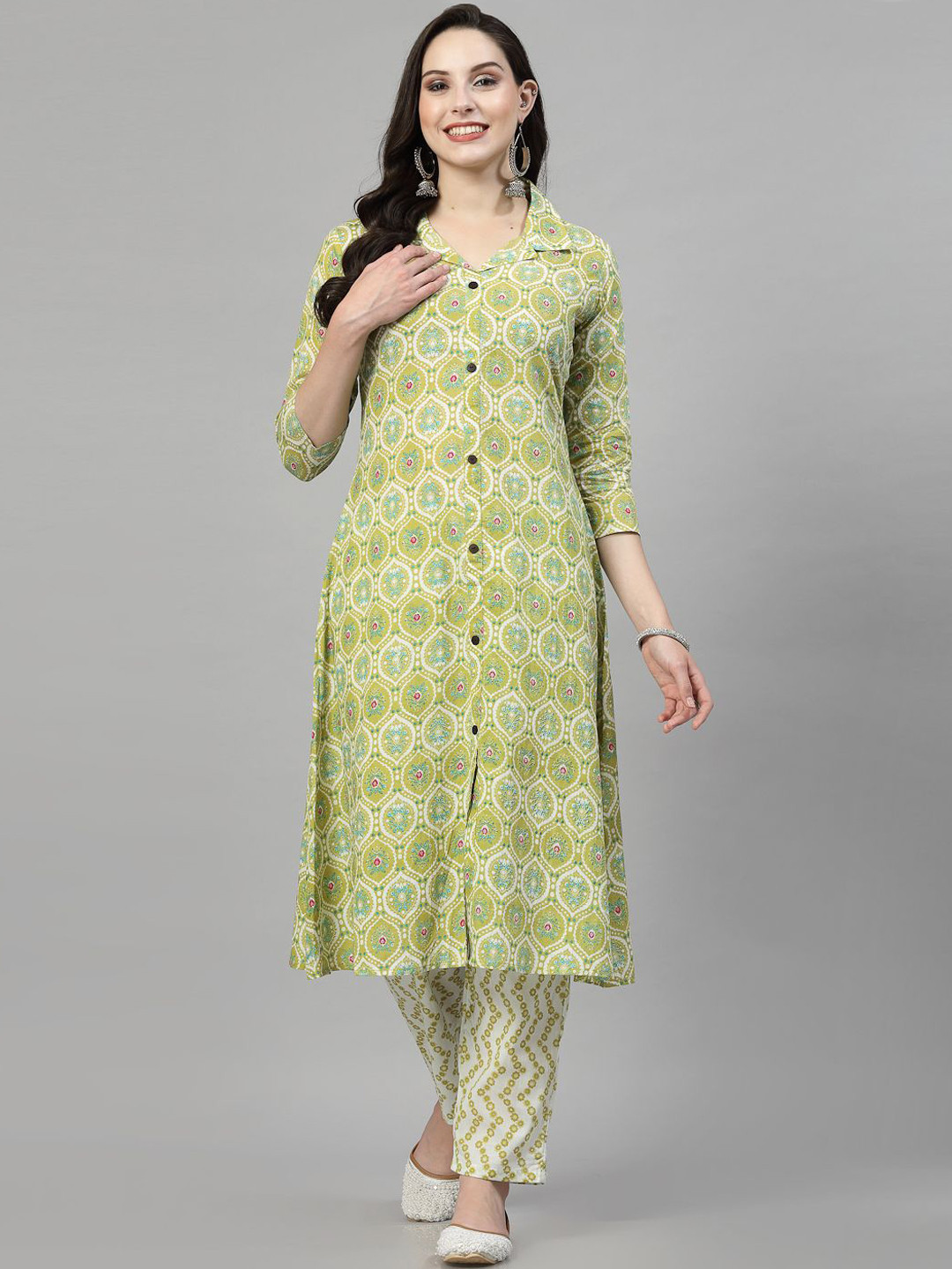NEW STYLISH Ethnic Motifs Printed Shirt Collar Pure Cotton A Line Kurta with Trousers