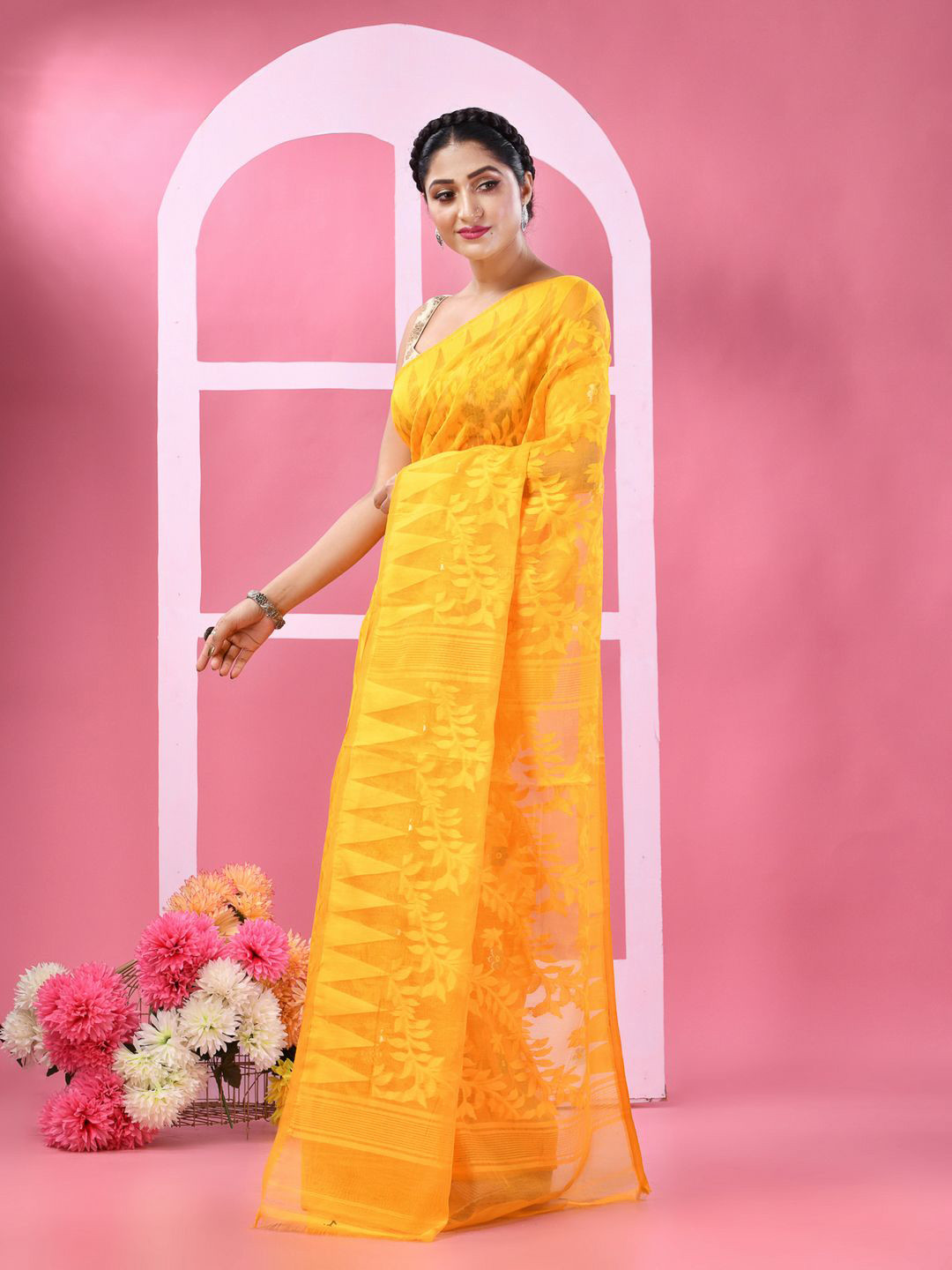 TANTLOOM Ethnic Motifs Pure Cotton Jamdani Saree