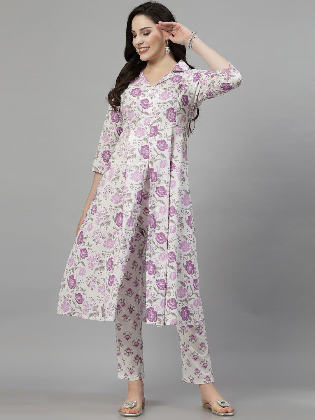 NEW STYLISH Floral Printed Shirt Collar Pure Cotton A-Line Kurta with Trousers