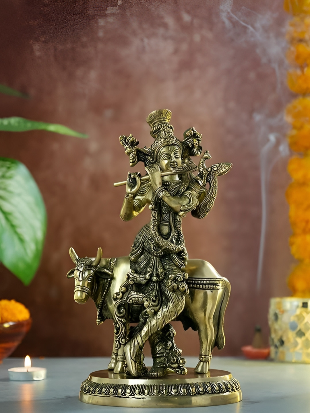Aura Krishna Playing Flute Gold Brass Metallic Home Office Medium Showpiece - 10 Inches