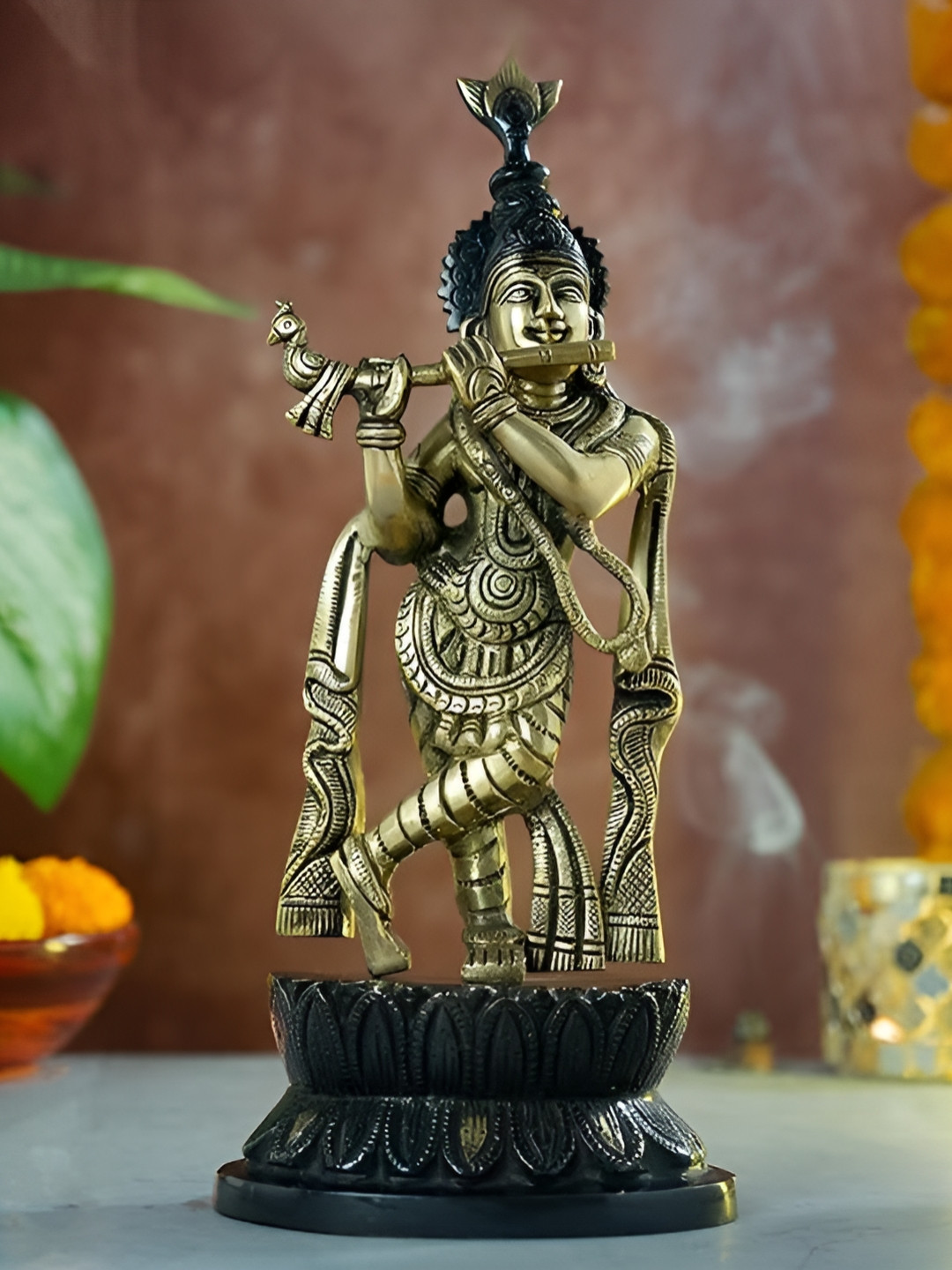 Aura Krishna Playing Flute Gold Brass Metallic Prayer Room Medium Showpiece - 11.7 Inches