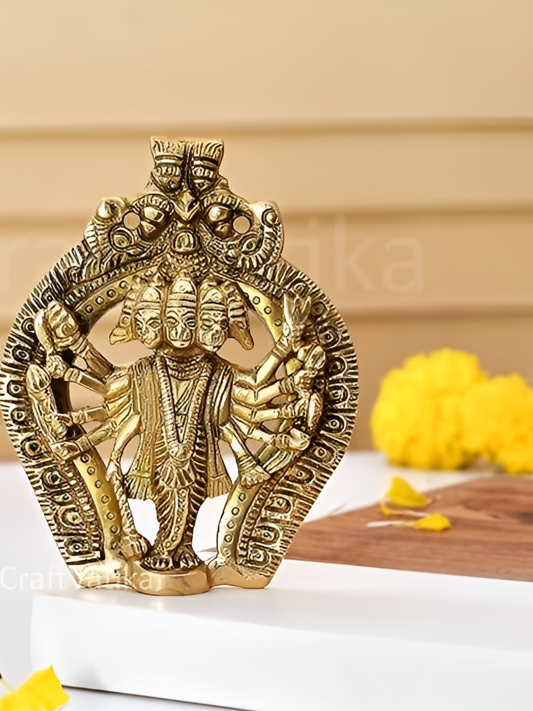 Aura Panchmukhi Hanuman Gold Brass Metallic Prayer Room Small Showpiece - 4.3 Inches