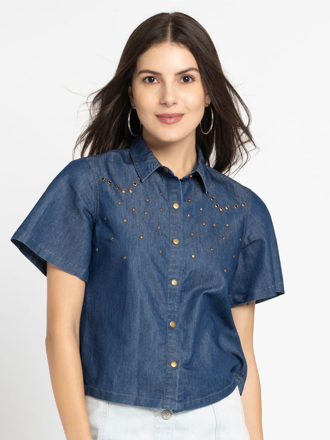 SHAYE Short Sleeves Denim Shirt Style Top
