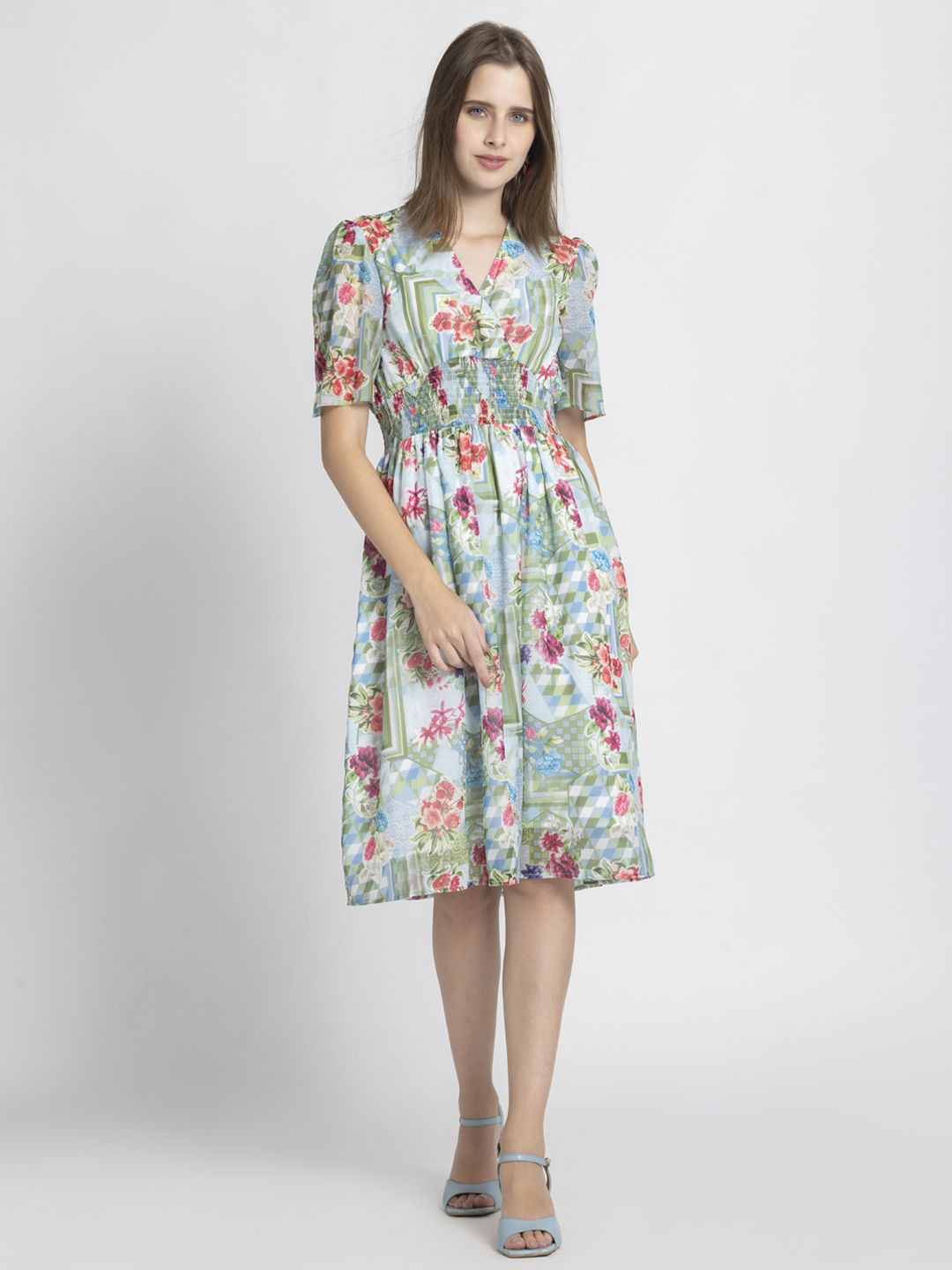SHAYE V Neck Short Puff Sleeves Floral Print Chiffon Fit & Flare Dress