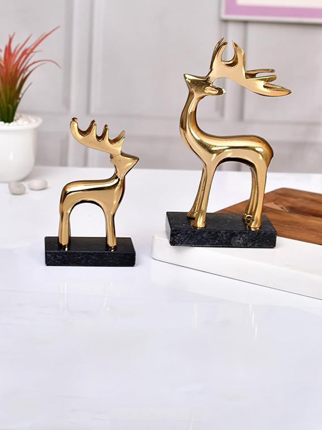 Aura Deer with Granite Gold Metal Metallic Living Room Set of 2 Small Showpieces - 2 Inches