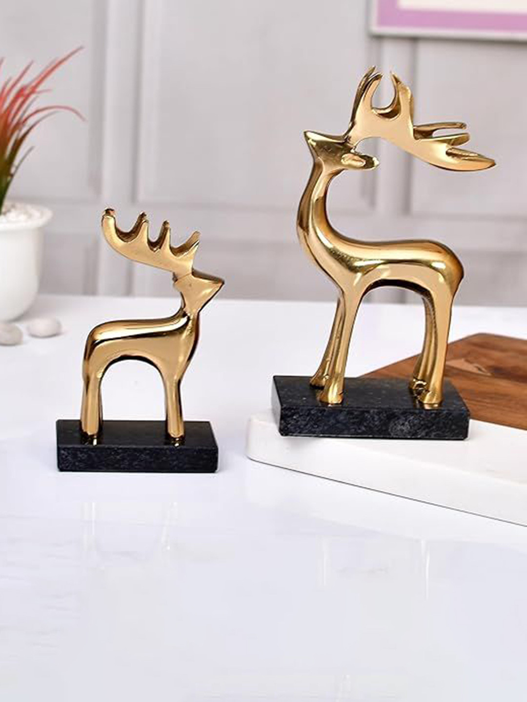 Aura Reindeer Gold Metal Metallic Living Room Set of 2 Small Showpieces - 2 Inches