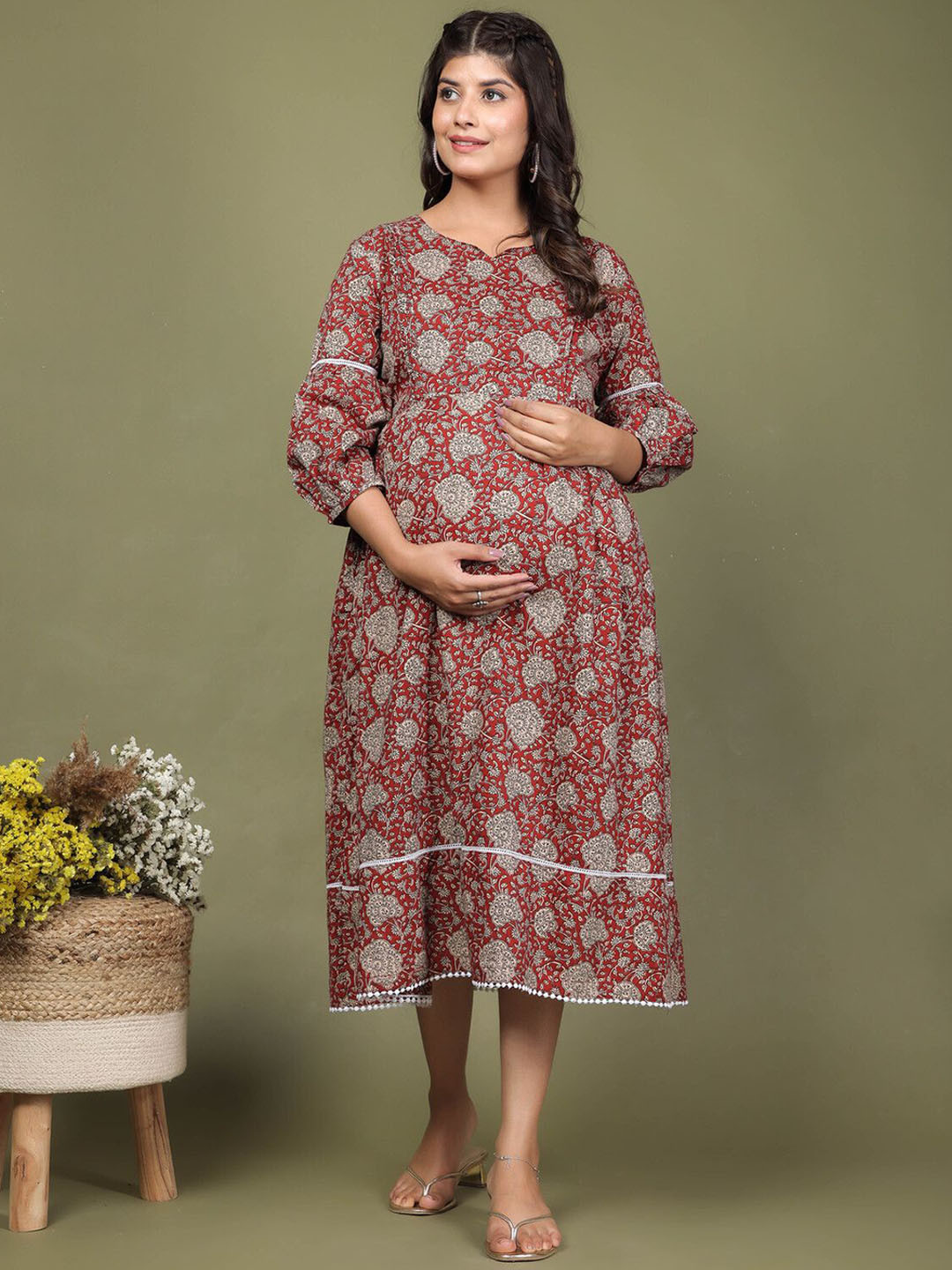 LALI JAIPUR Ethnic Motifs Printed Puff Sleeves Cotton Maternity A-Line Dress