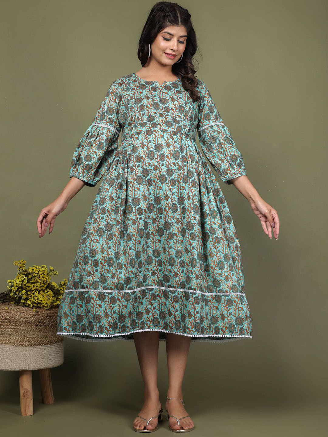 LALI JAIPUR Floral Printed Puff Sleeves Cotton Maternity Dress