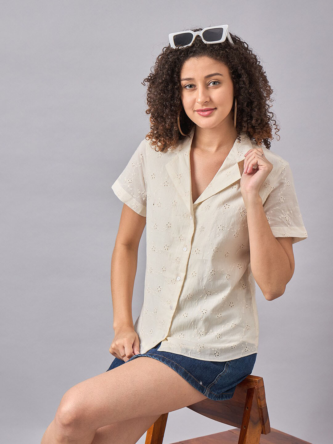 The Roadster Lifestyle Co. Off White Schiffli Cotton Shirt Style Top