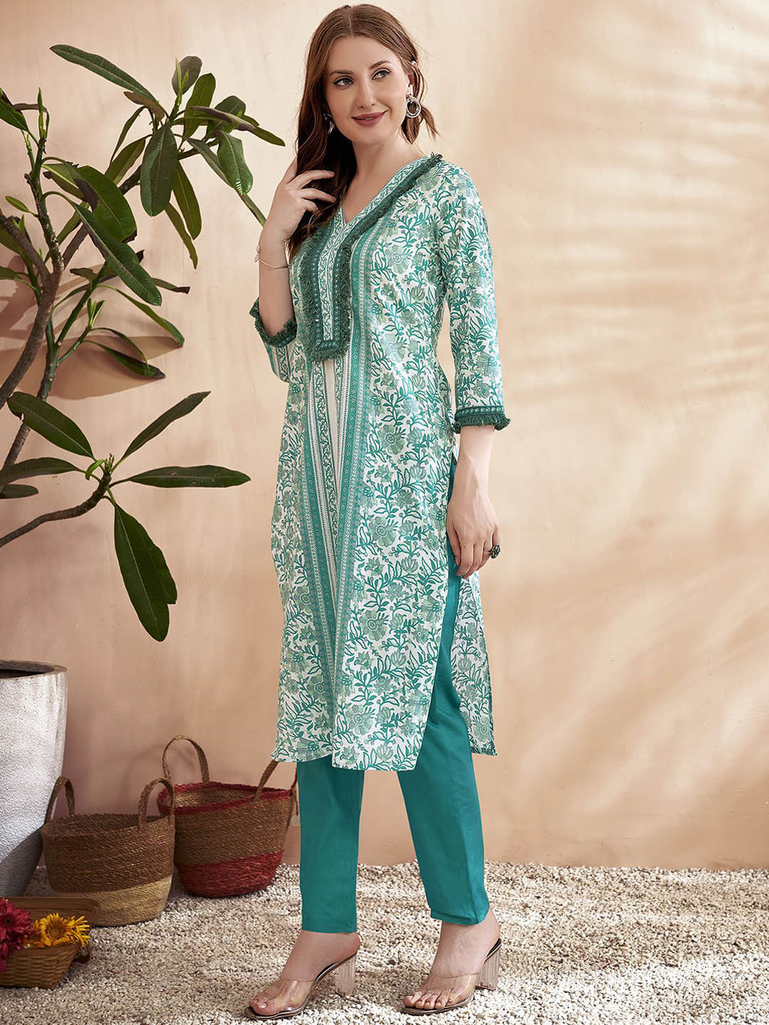 Anouk Green Floral Printed Thread Work V-Neck Raw Edge Pure Cotton Kurta With Trousers