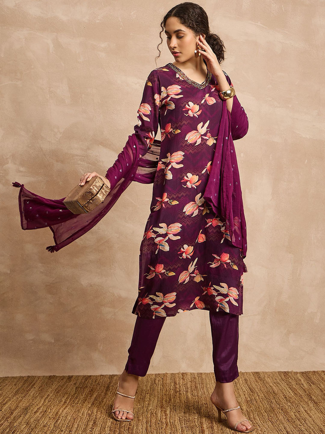all about you Black Floral Printed Sequinned V-Neck Kurta with Trousers & Dupatta