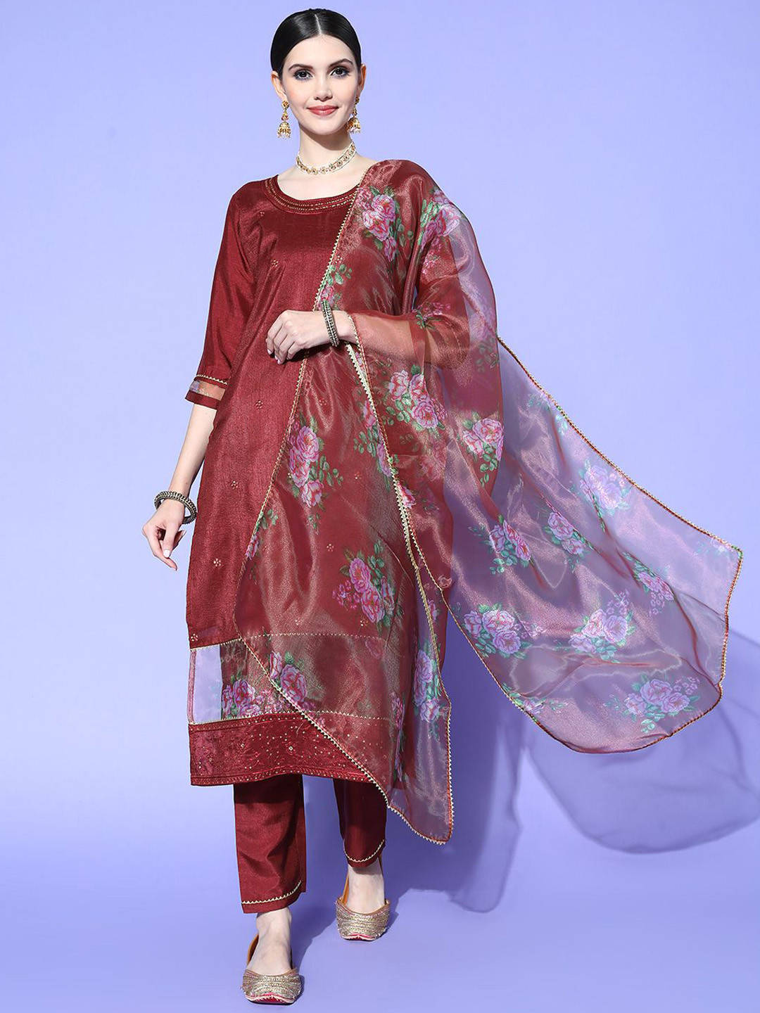 KALINI Sequin Yoke Design Embroidered Silk Chiffon Straight Kurta With Trousers & Dupatta