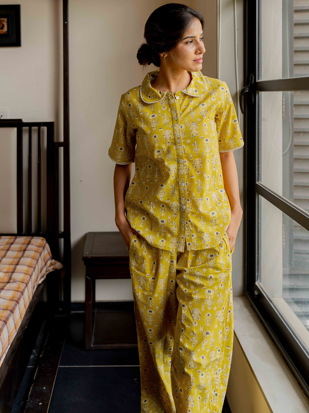 MIRCHI FASHION Floral Printed Peter Pan Collar Pure Cotton Shirt With Pyjamas