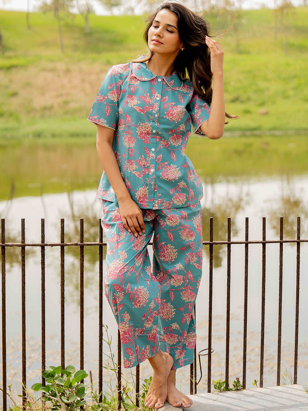 MIRCHI FASHION Floral Printed Peter Pan Collar Pure Cotton Shirt With Pyjamas