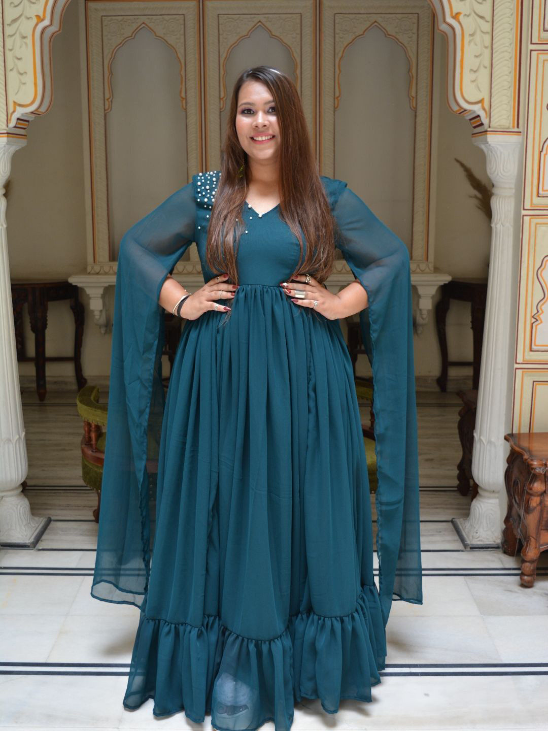Swadeshi Shringaar Plus Size V-Neck Cape Sleeves Gathered Fit & Flare Maxi Dress