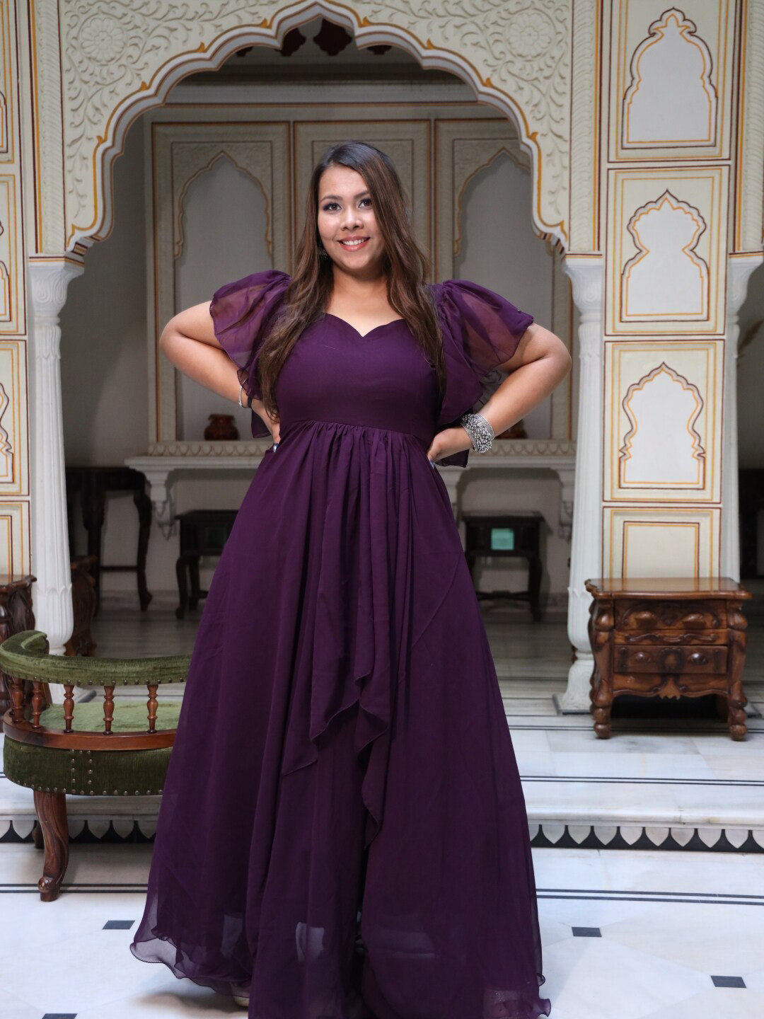 Swadeshi Shringaar Sweetheart Neck Flutter Sleeves Georgette Fit & Flare Maxi Dress