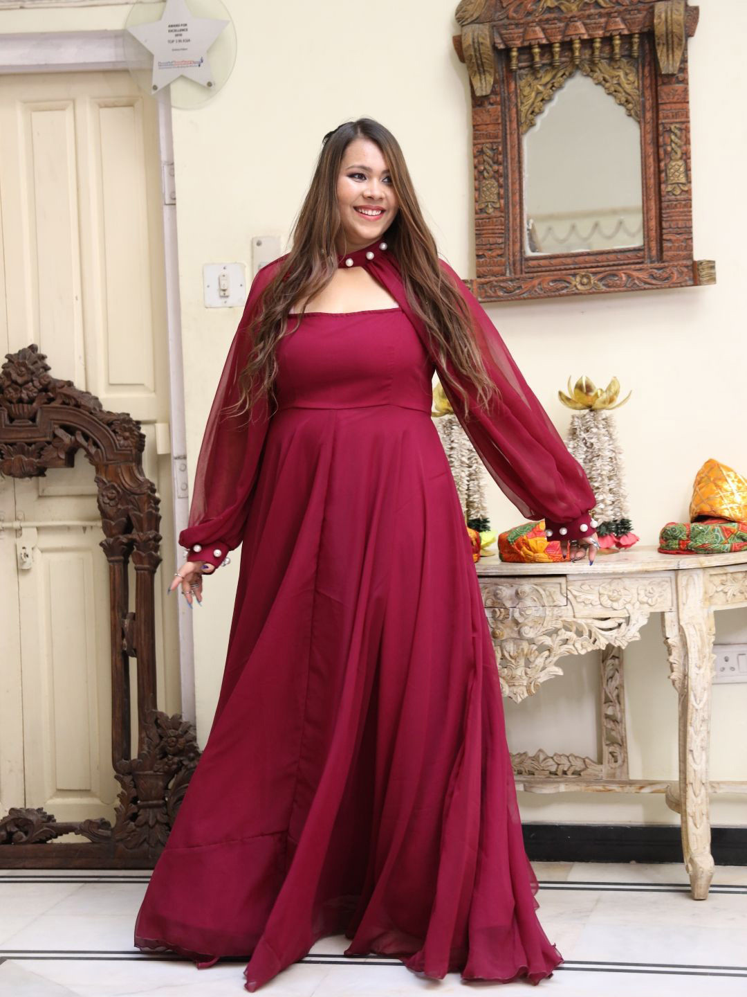 Swadeshi Shringaar Plus Size High Neck Extended Sleeves Fit & Flare Maxi Dress
